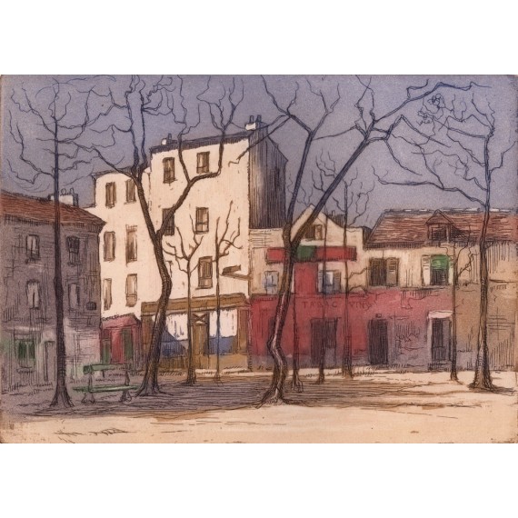 Aquatinte - Montmartre, la Place du Tertre, le restaurant de la Mère Catherine