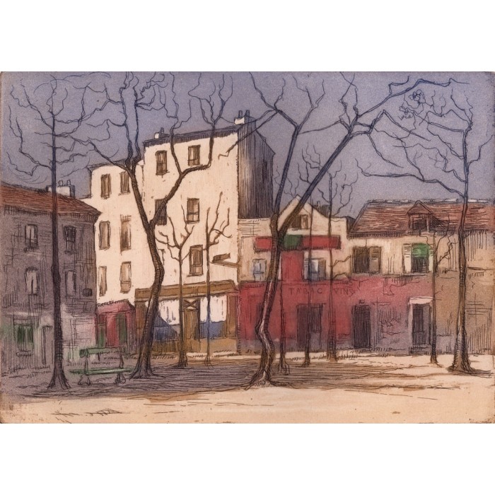 Aquatinte - Montmartre, la Place du Tertre, le restaurant de la Mère Catherine