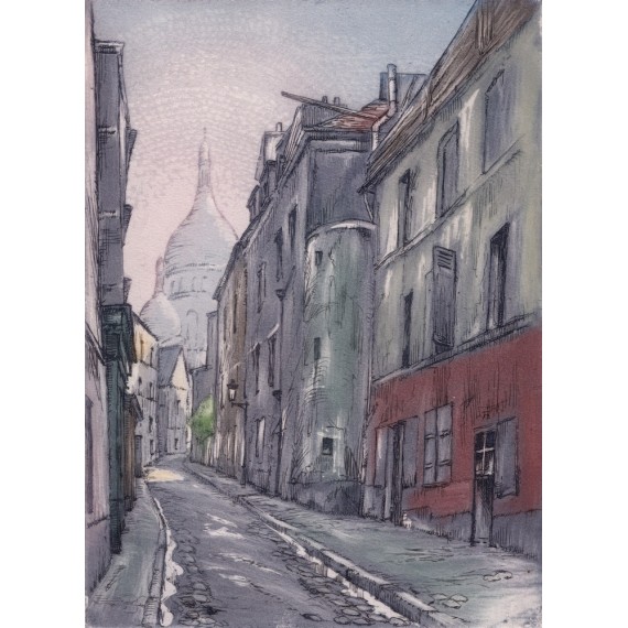 Aquatinte - La rue Saint-Rustique à Montmartre