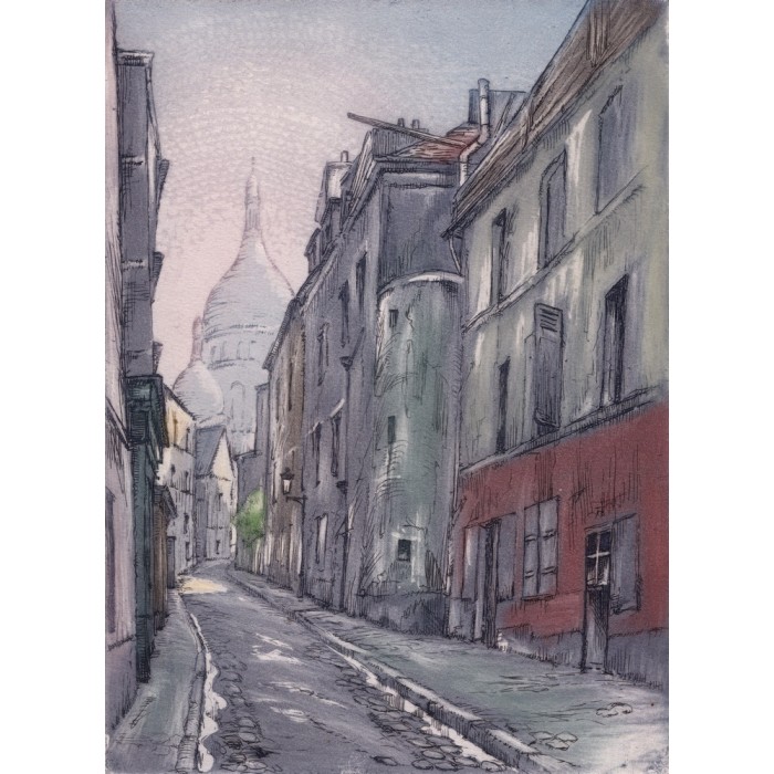 Aquatinte - La rue Saint-Rustique à Montmartre