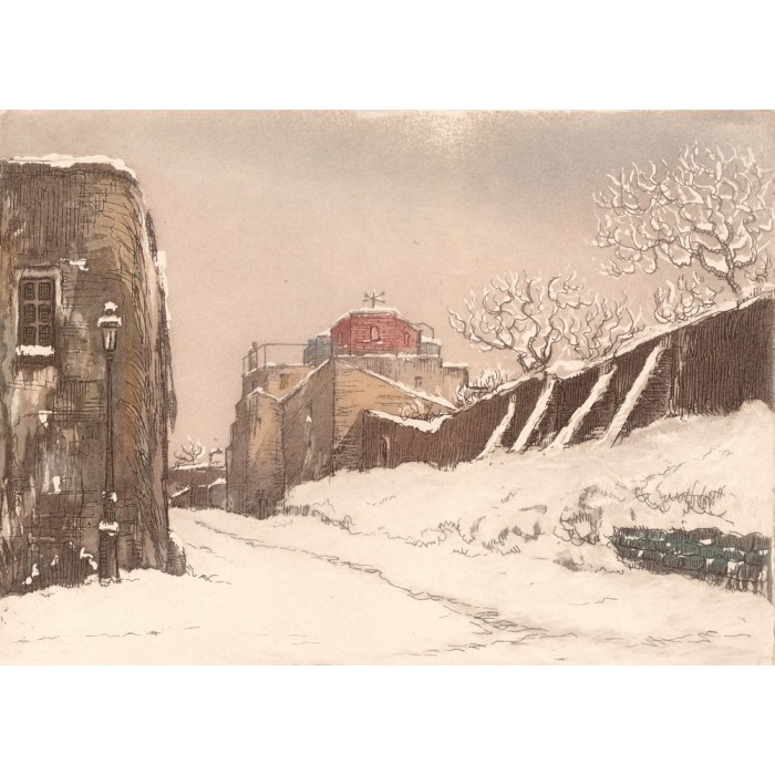 Aquatinte - Montmartre, Rue Cortot sous la neige