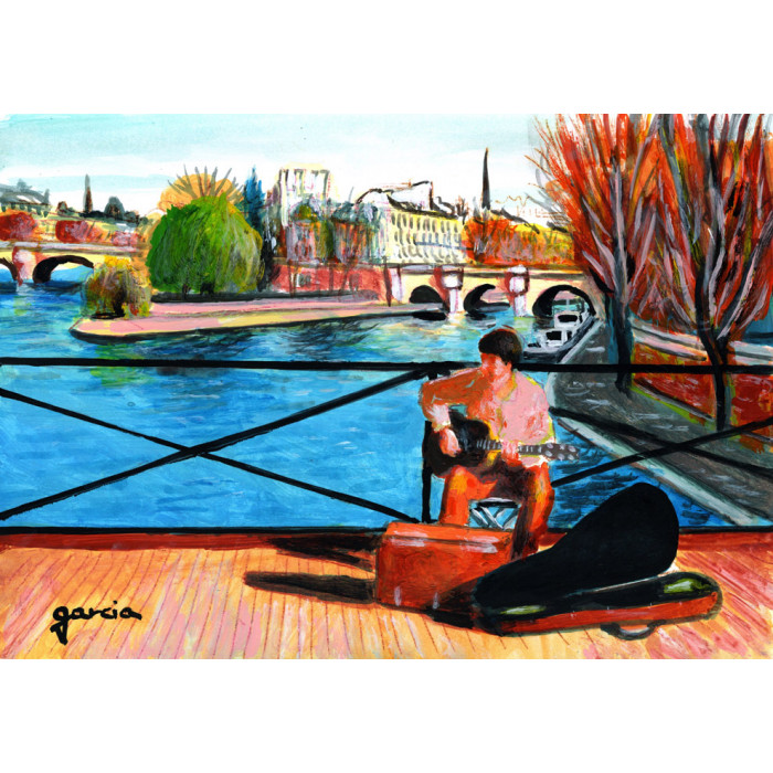 Painting, the guitar player on the Pont des Arts in Paris