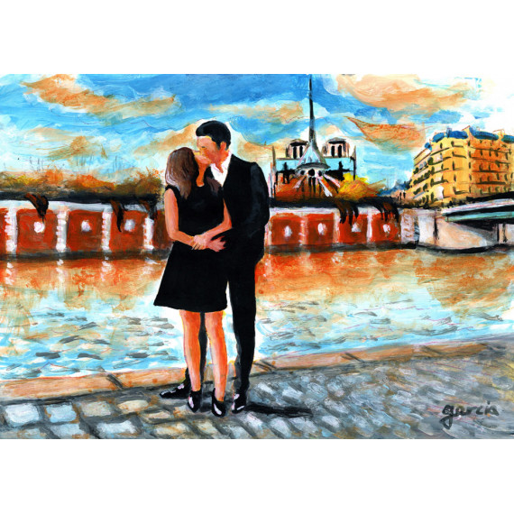 Peinture, Les Amoureux devant Notre-Dame de Paris au bord de la Seine