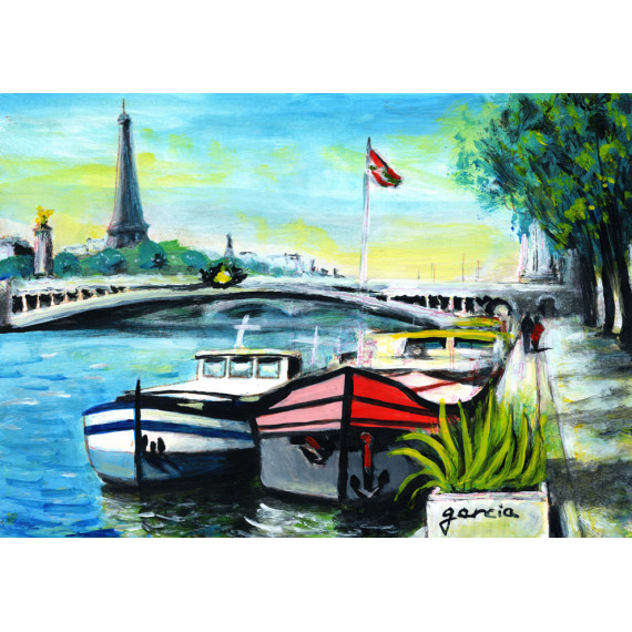 Peinture, Péniches à Quai devant la Tour Eiffel