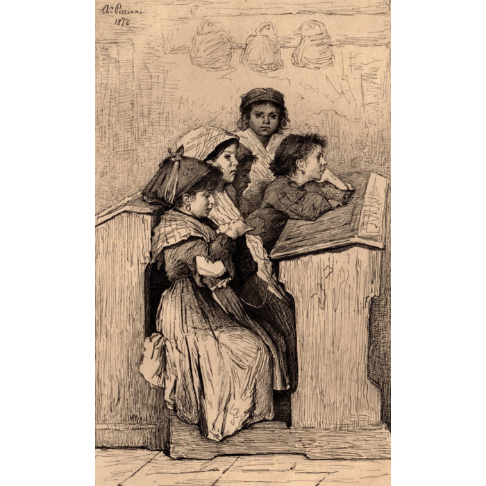 Engraving from 1879 by Antonio Piccinni - A school in Rome