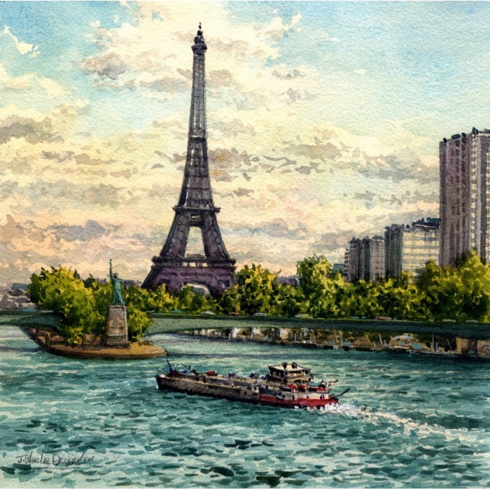 Paris, la Seine, la Tour Eiffel et la petite Statue de la liberté