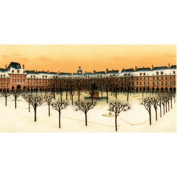 Lithographie - La Place des Vosges sous la Neige - Paris