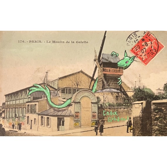 Moulin de la Galette Montmartre - Dessin sur carte postale ancienne